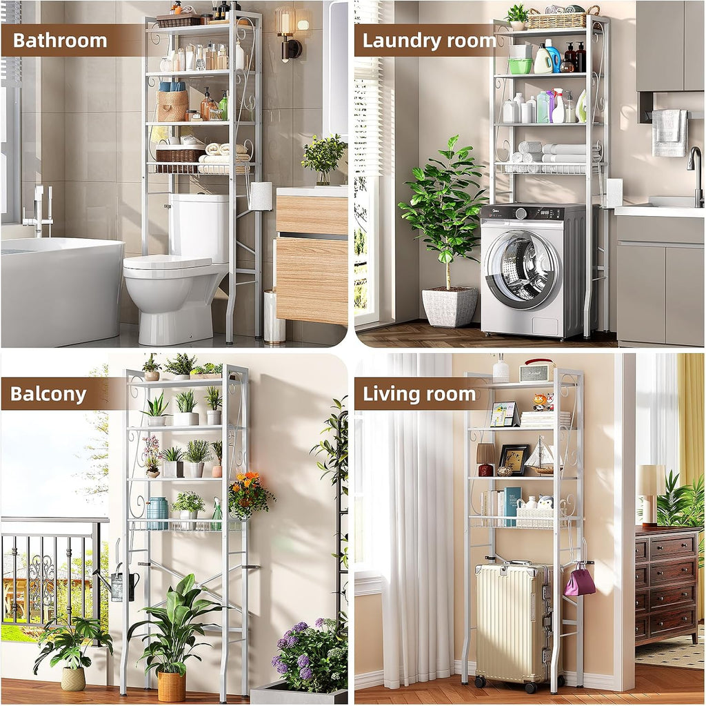 Over-The-Toilet Storage Rack 4-Tier,Bathroom Organizer Shelf Over Toilet,Adjustable Wooden Shelves and Basket,Freestanding Above Toilet Shelve,Space Saver for Rooms(White Rack-White Shelves)