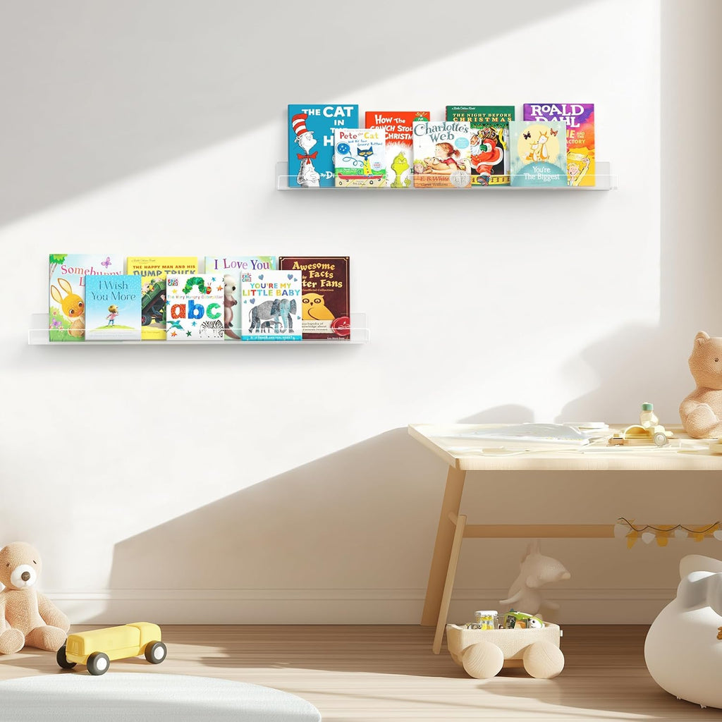 36 Inches Clear Acrylic Floating Shelves Wall, Bookshelf for Kids, Nursery Book Shelves, Magazine Rack, Picture Ledge Shelf for Photo Frames Vinyl Records, Pack of 3