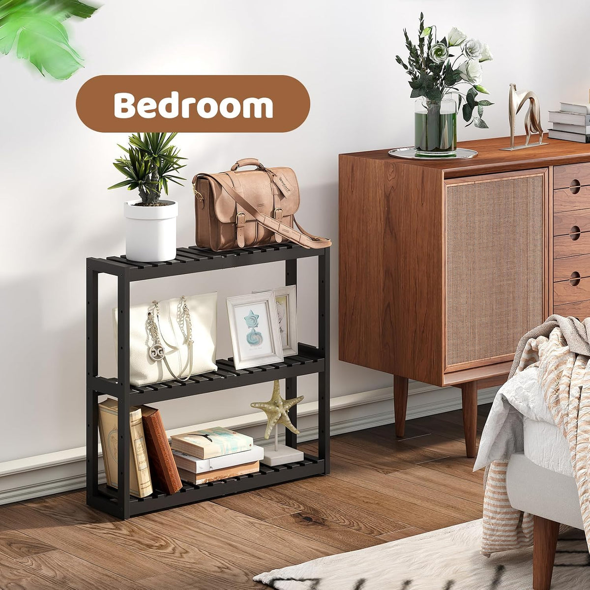 Bathroom Shelf Bamboo Organizer Rack Adjustable 3-Tier Storage Shelf Wall Mounted Storage Rack Over The Toilet Utility Shelves Living Room Kitchen Shelf(Black)