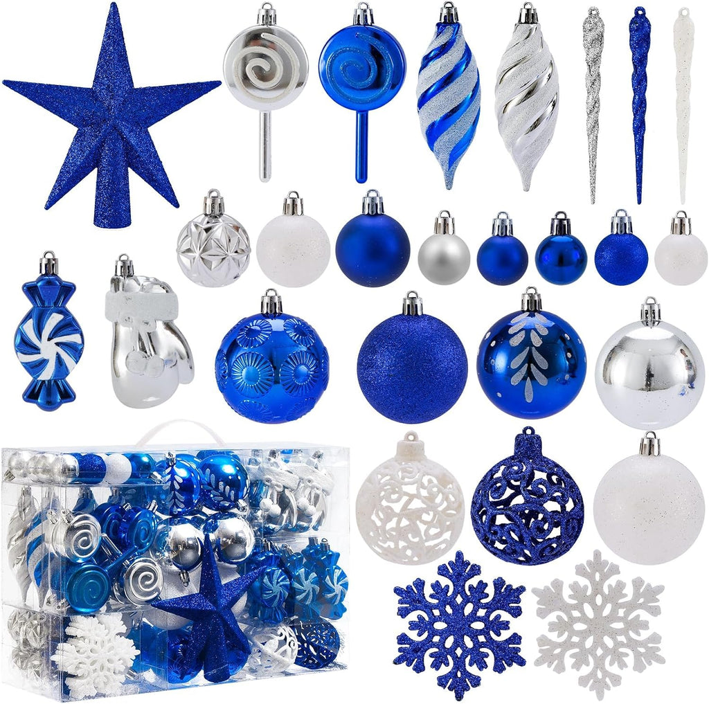 Christmas Balls Ornaments,Assorted Shatterproof Christmas Ornaments Set, Luxurious Hanging Pendants Package for Christmas Tree Party Holiday Indoor Decor (130Pcs-Blue)
