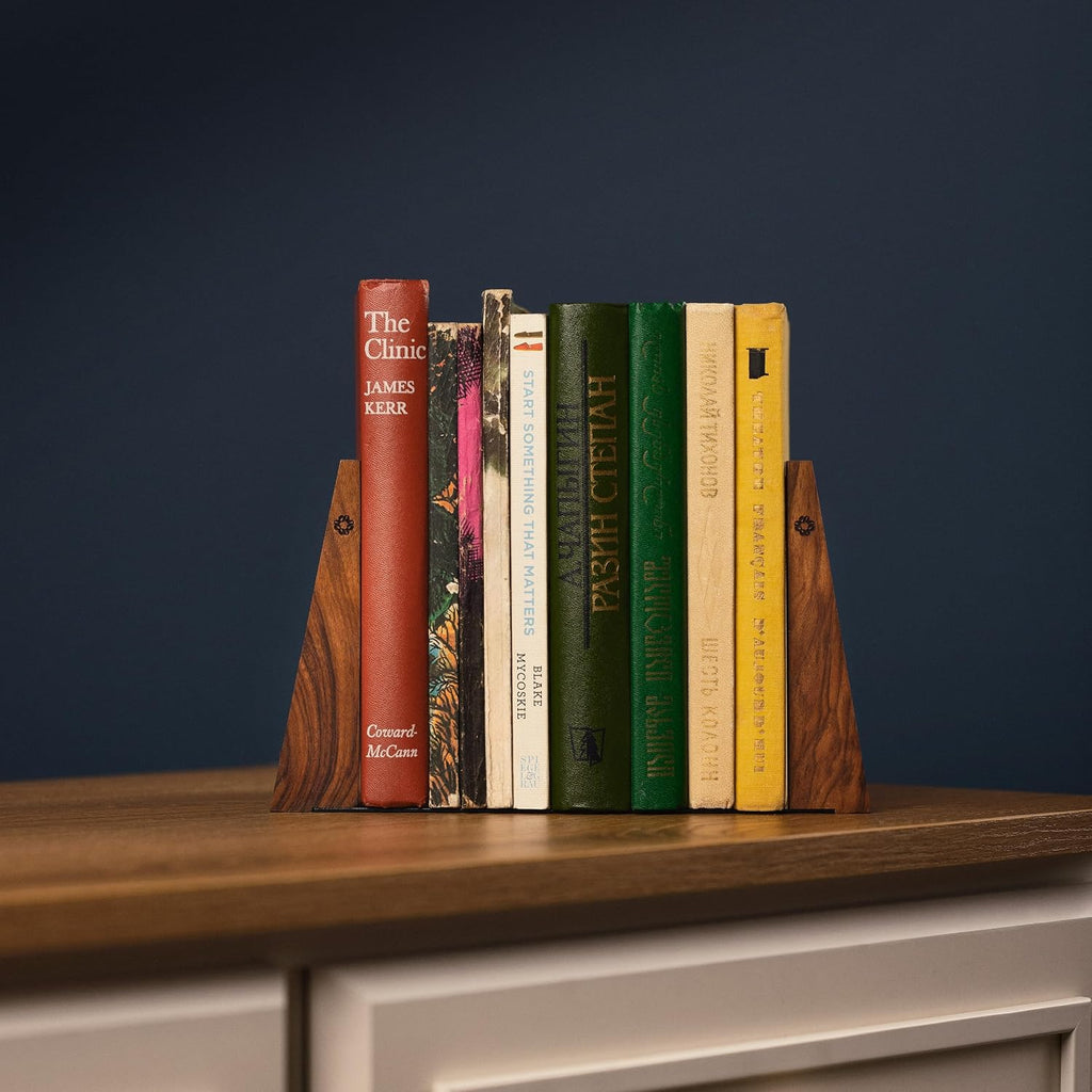 TILISMA Wooden Bookends for Shelves | Sturdy Book Ends with Metal Base