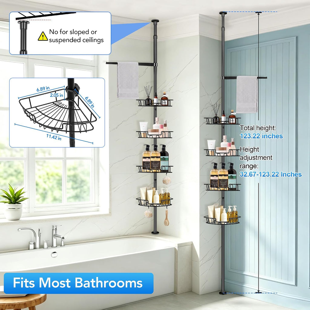 Corner Shower Caddy Tension Pole, Triple Stability 4-Tier Bathroom Rack