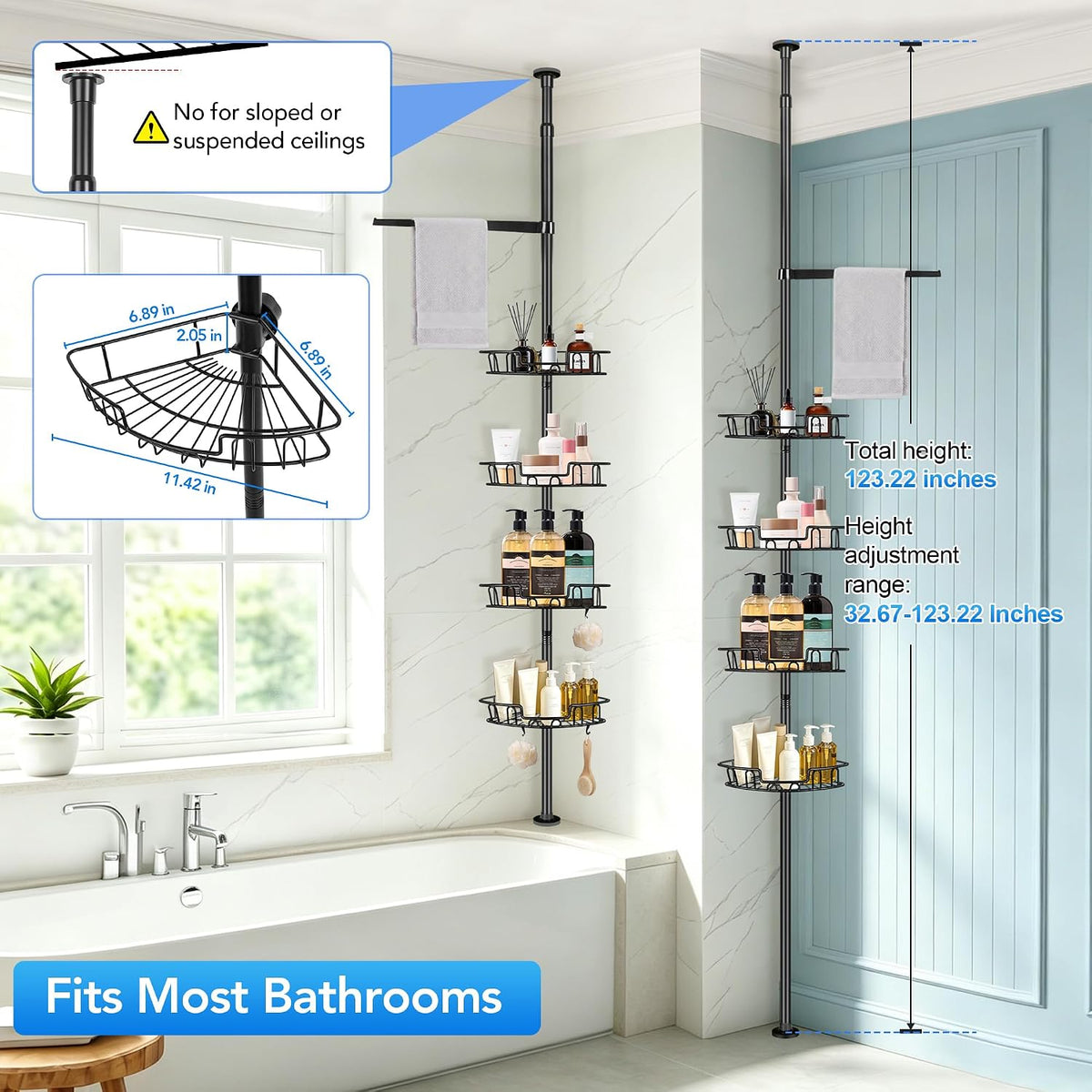 Corner Shower Caddy Tension Pole, Triple Stability 4-Tier Bathroom Rack