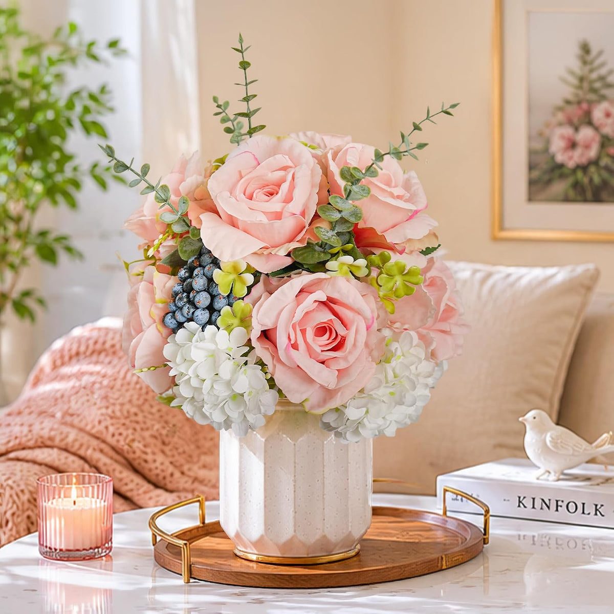 Pink Roses Artificial Flowers Arrangements for Table Rose Bouquet Indoor
