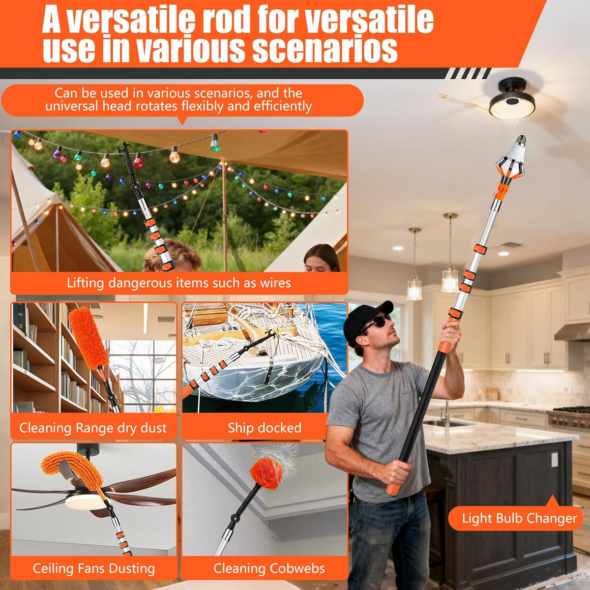 20FT Light Bulb Changer for High Ceilings Kit with Extension Pole Orange