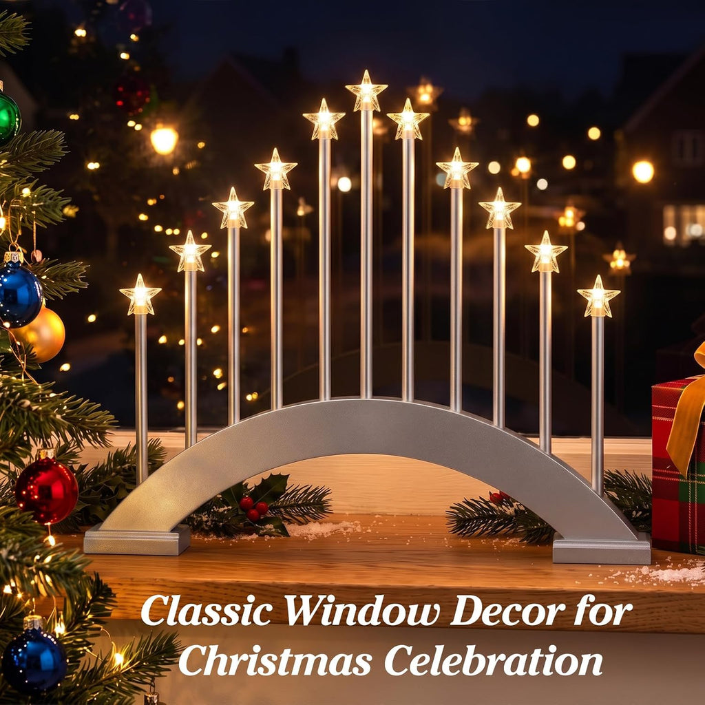 Lewondr Christmas Swedish Candelabra, 11 Flameless Taper Candles, Silver