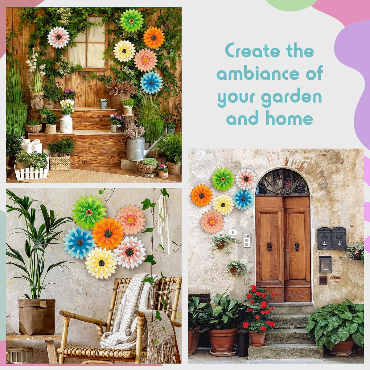 Zhehao 6 Pcs Metal Flower Wall Art Outdoor, Elegant Color, 10 Inch