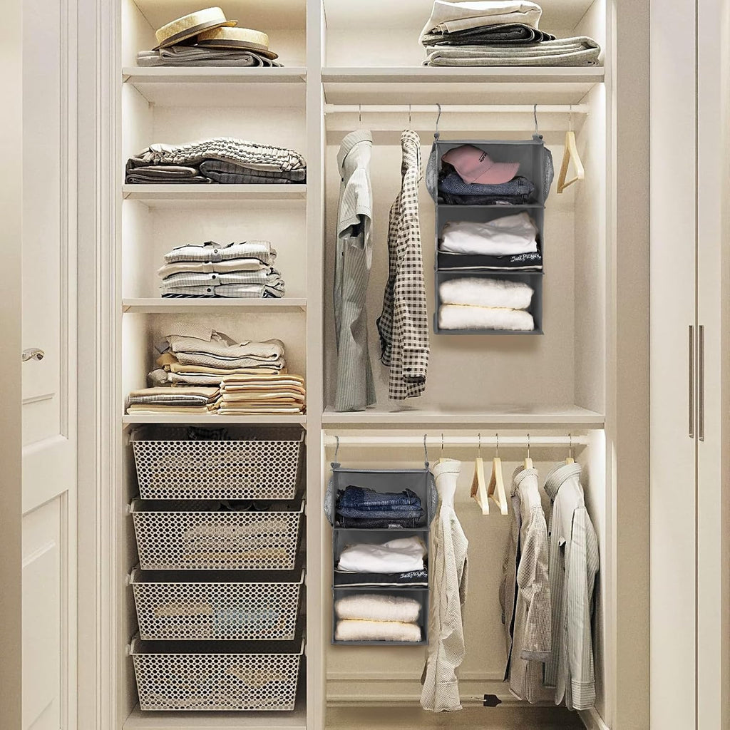 MAX Houser 3 Tier Shelf Hanging Closet Organizer, Space Saver,Closet Hanging Shelf with 2 Sturdy Hooks for Storage, Foldable (Grey)