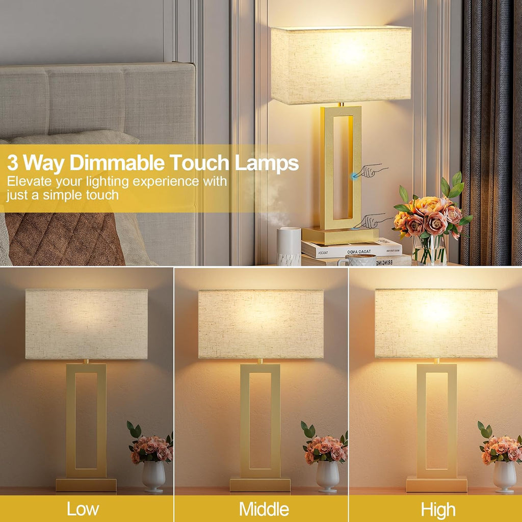Seealle 22" Tall Bedroom Lamps for Living Room - Touch Gold Bedside Lamps with USB C+A, 3 Way Dimmable Lamp for Nightstand, Modern Night Stands Lamps for End Tables(Beige&Gold)
