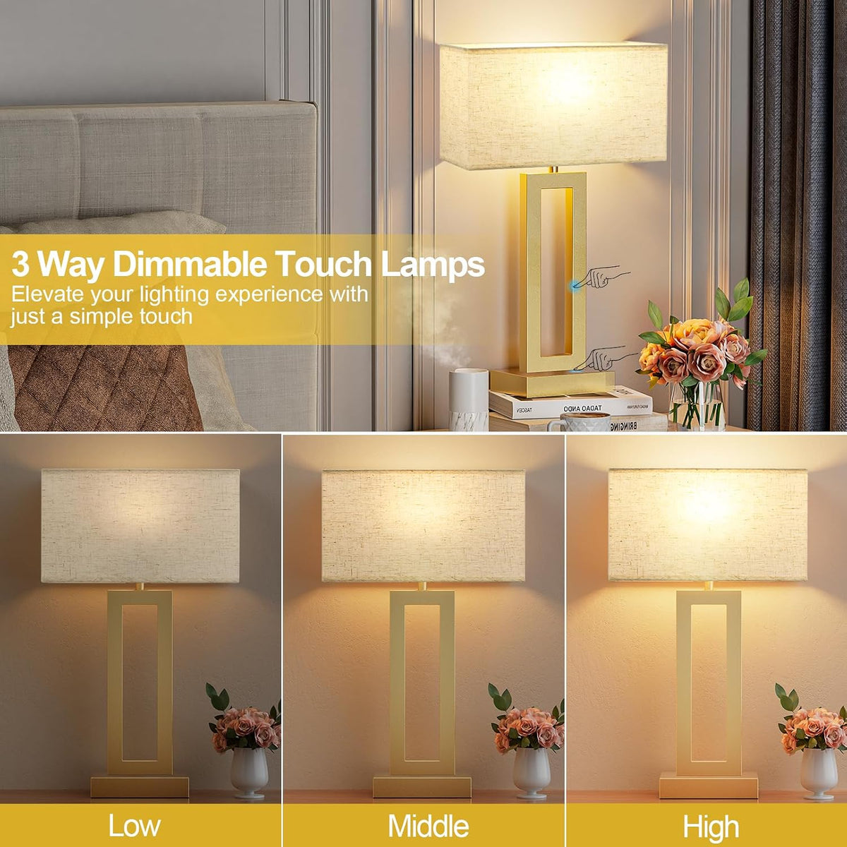 Seealle 22" Tall Bedroom Lamps for Living Room - Touch Gold Bedside Lamps with USB C+A, 3 Way Dimmable Lamp for Nightstand, Modern Night Stands Lamps for End Tables(Beige&Gold)
