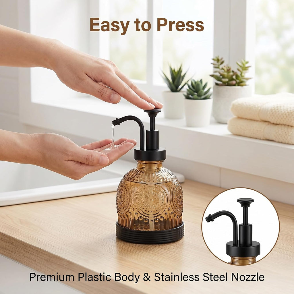 Glass Hand and Dish Soap Dispenser Set, Vintage Farmhouse Refillable Soap Dispenser with Black Pump & Non-Slip Mat, for Bathroom Kitchen Shampoo Lotion, Rustic Antique Decor (2 PCS, Brown)