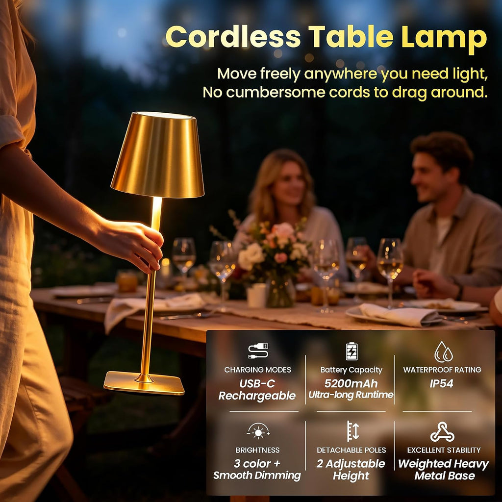 Waterproof Outdoor Rechargeable Cordless Table Lamp with Wicker Shade, Battery Operated Portable Table Light with Adjustable Height Pole, for Patio Restaurant Kitchen Dinner (Gold)