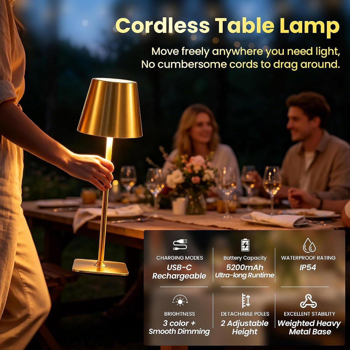 Waterproof Outdoor Rechargeable Cordless Table Lamp with Wicker Shade, Battery Operated Portable Table Light with Adjustable Height Pole, for Patio Restaurant Kitchen Dinner (Gold)
