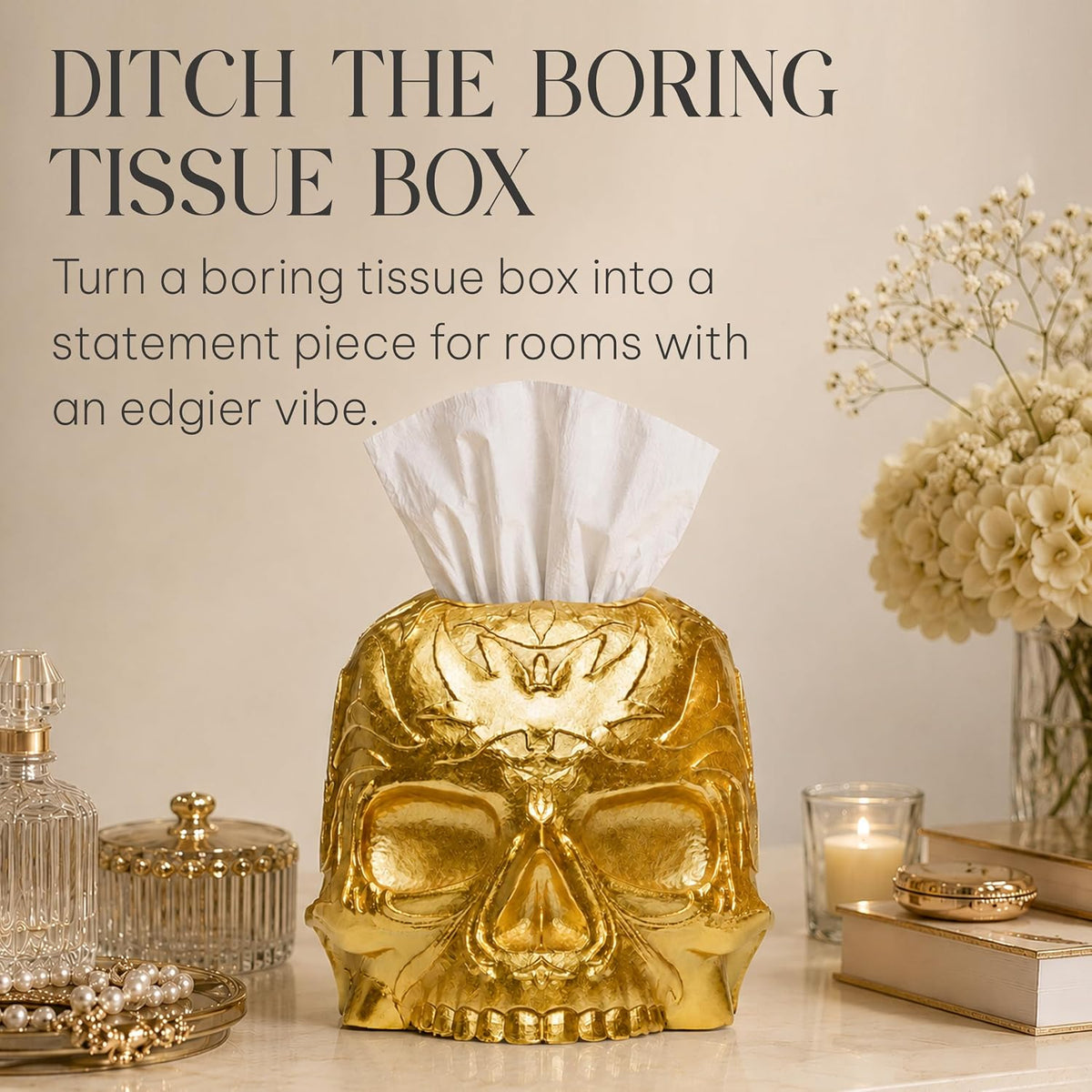 Gothic Skull Tissue Box Cover, Gold, Square by Death Decor