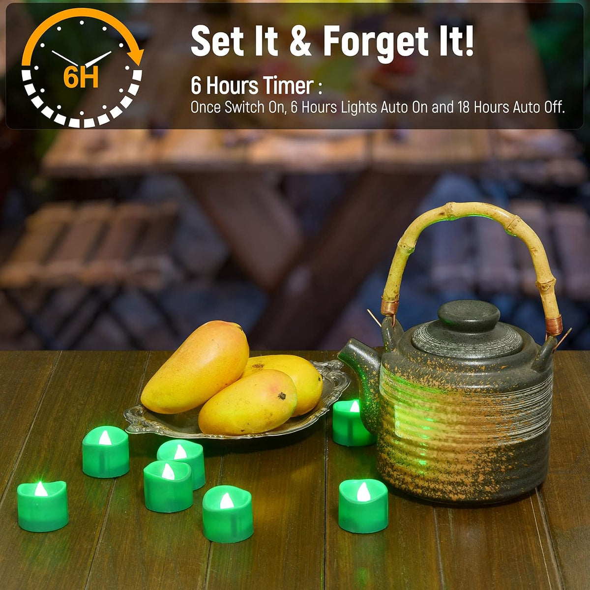PChero Green LED Tea Lights with Timer, 12pcs