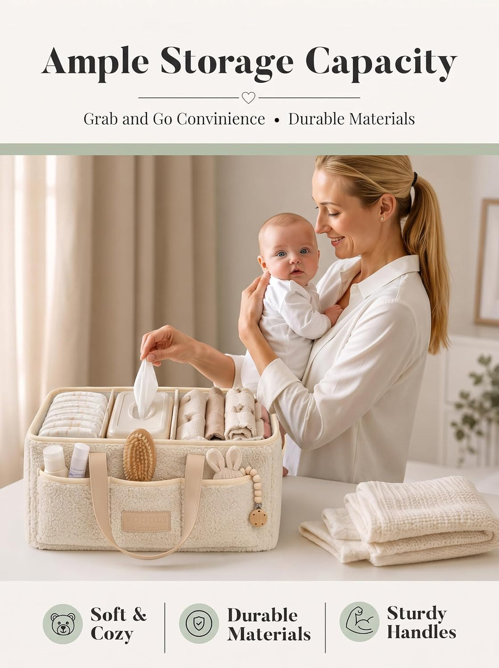 Baby Diaper Caddy Organizer with Waterproof Changing Pad, Beige