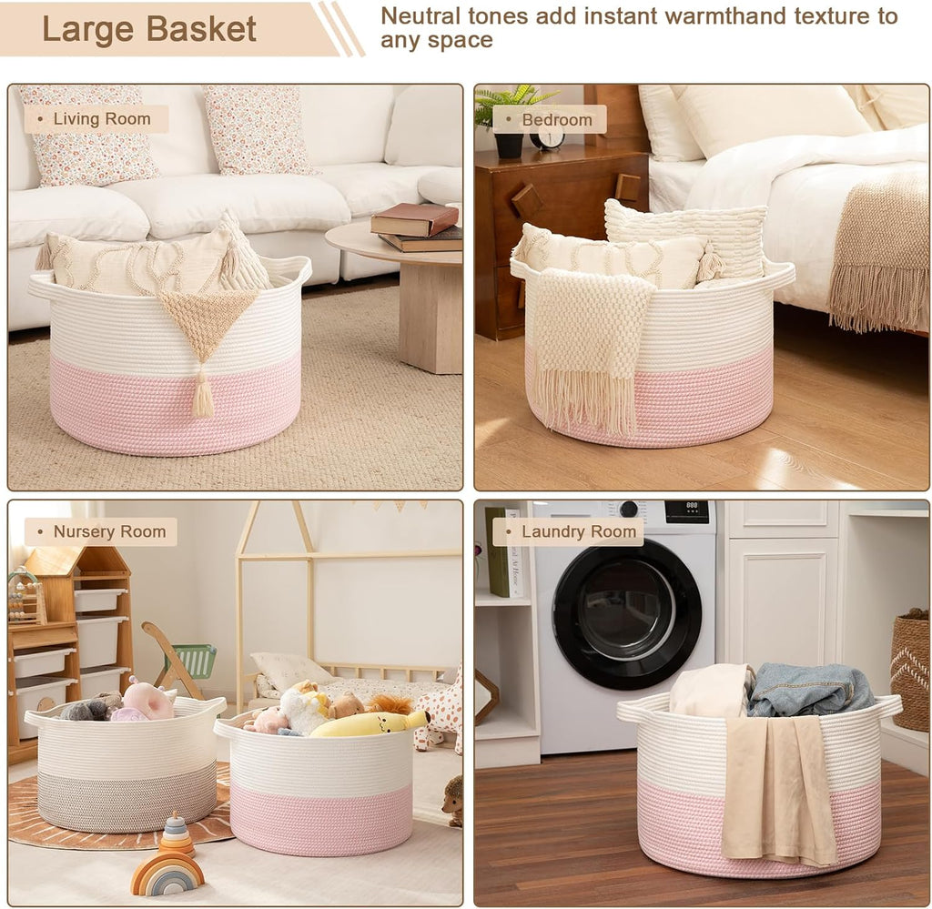 OIAHOMY 115L Extra Large Blanket Basket Living Room Laundry Basket Pink
