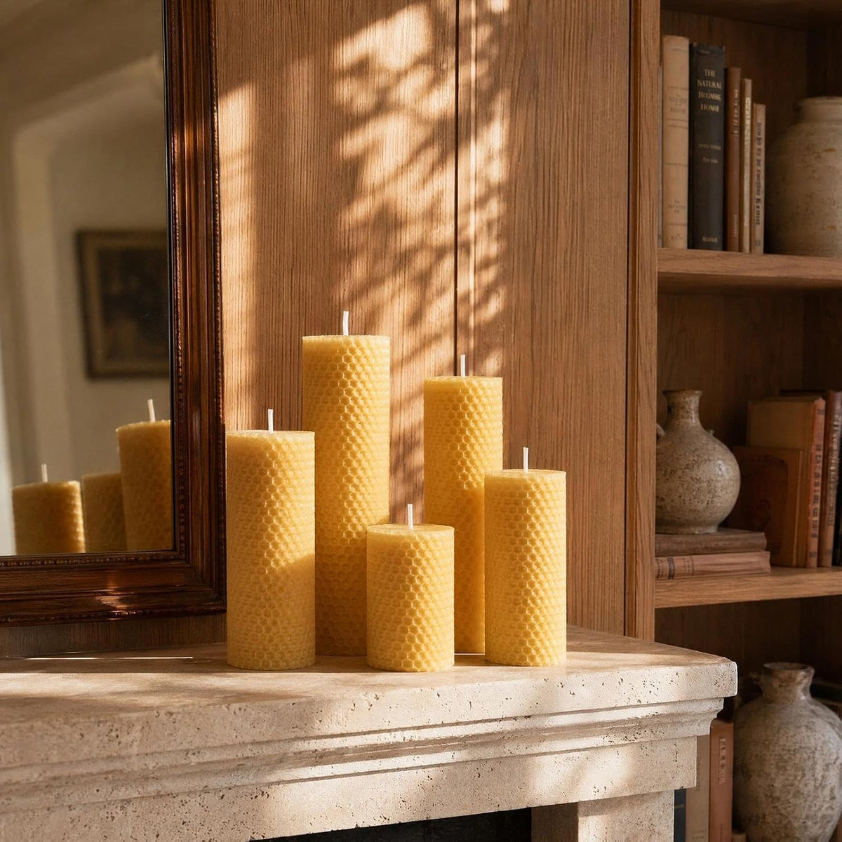 6-Pack 2x6 Beeswax Pillar Candles, Hand-Rolled Honeycomb, Natural Yellow
