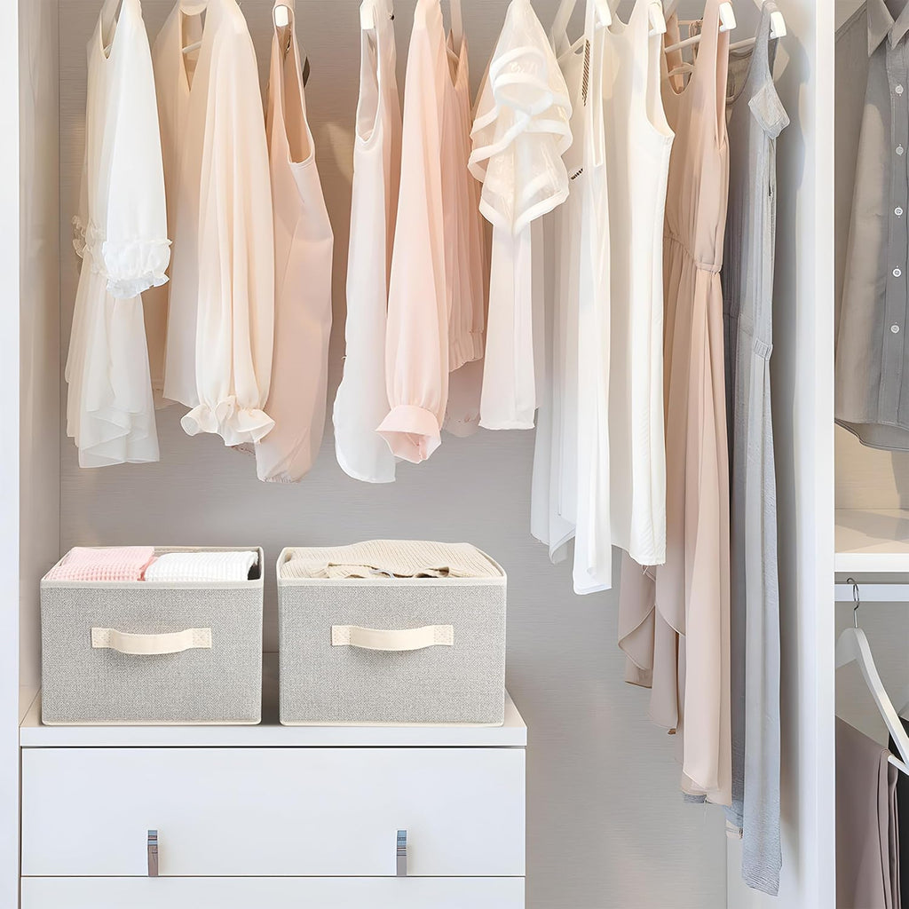 11 inch Storage Baskets, Woven Fabric Bins, Storage Cubes with Reinforced Handles, Organizer Bins for Closet Shelves, Foldable, for Clothes (Beige, 4PCS/11*11*7.8inch)