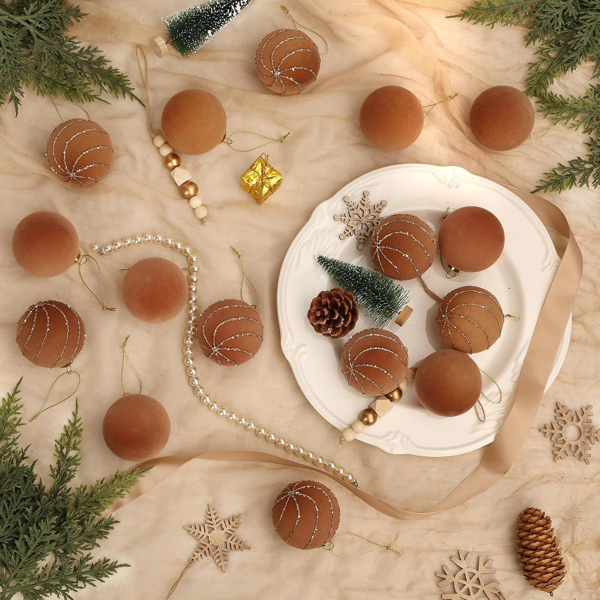 16 Pcs Brown Velvet Christmas Ball Ornaments, Flocked Tree Decorations