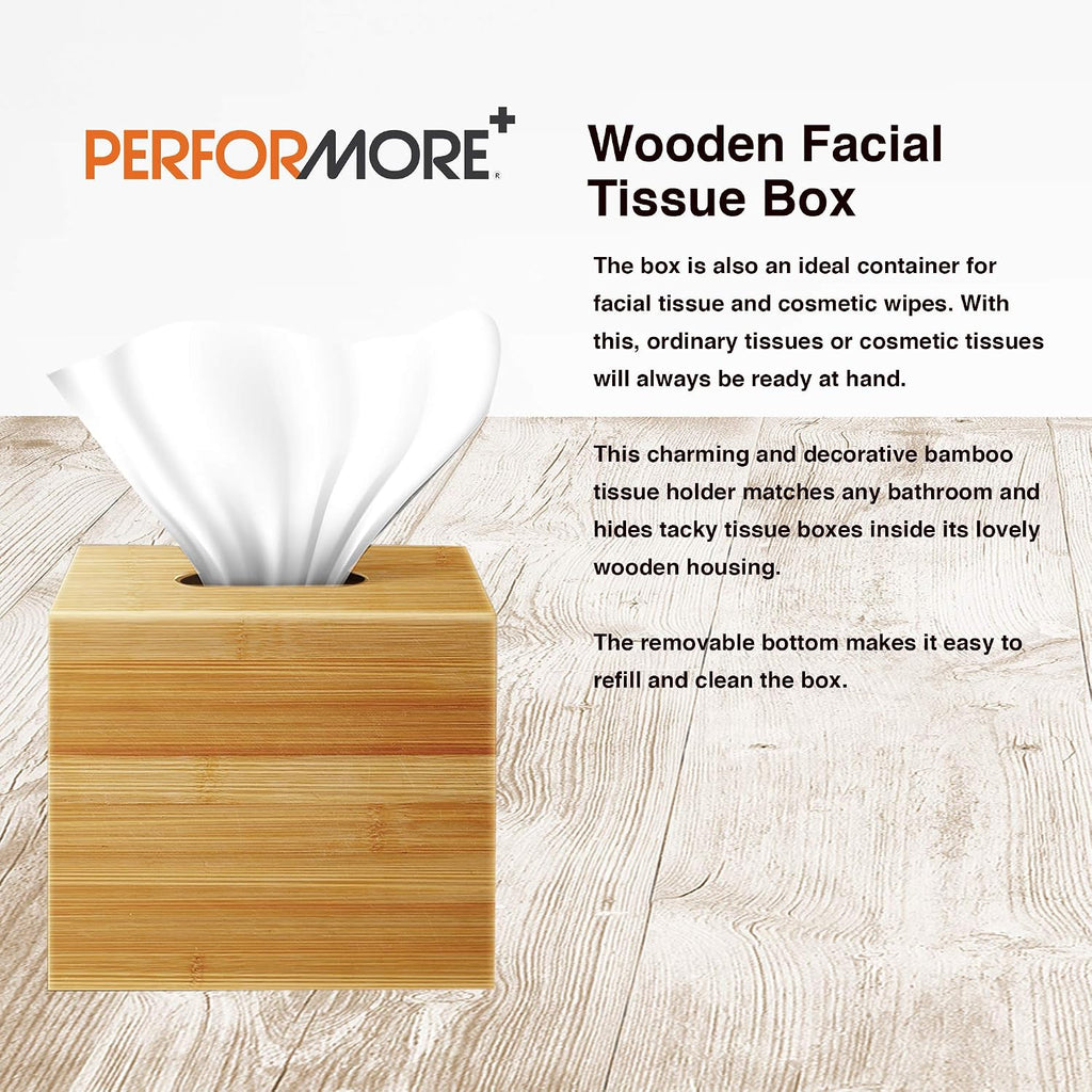 Performore Square Bamboo Tissue Box Cover - Stylish Water-Resistant Wooden Facial Tissue Holder for Bathroom, Office Desk & Nightstand - Compact 16"x14"x14" Design (Pack of 2)
