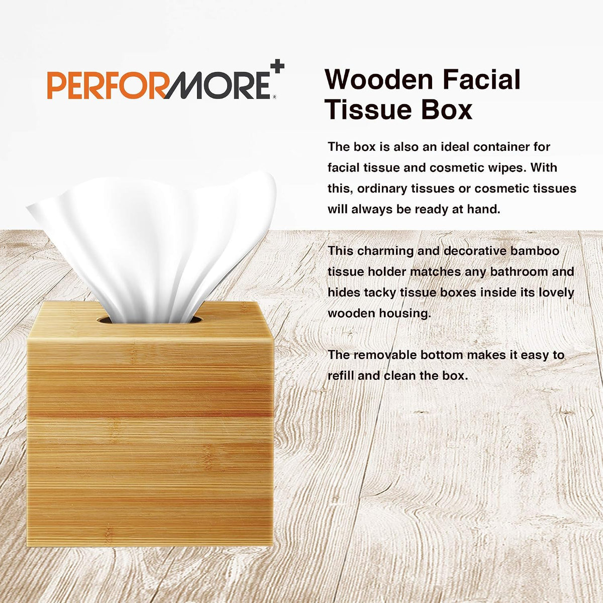 Performore Square Bamboo Tissue Box Cover - Stylish Water-Resistant Wooden Facial Tissue Holder for Bathroom, Office Desk & Nightstand - Compact 16"x14"x14" Design (Pack of 2)