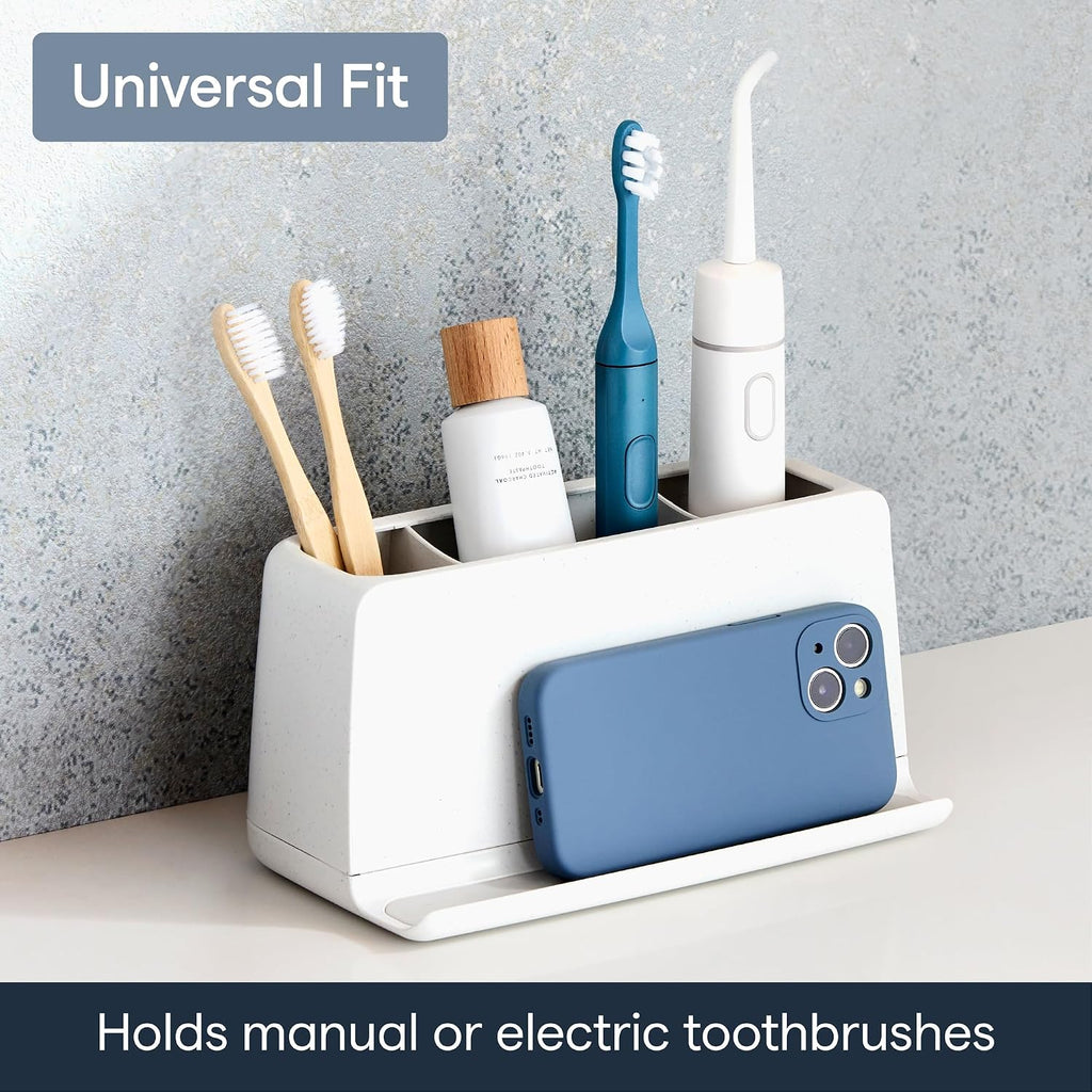 YouCopia The Ledge Toothbrush Holder, 3-Slot, Bathroom Vanity Counter Organizer with Cord Slots, Removable Base and Storage for Phones, Toothpaste and Accessories