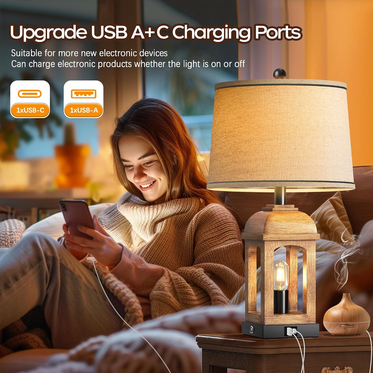QiMH Table Lamp for Living Room, Farmhouse Lamps Set of 2 with USB A+C and Nightlight, 26" Rustic Bedside Lamps with 3-Way Dimmable Touch Control, Nightstand Lamp for Bedroom Decor, Wood Grain