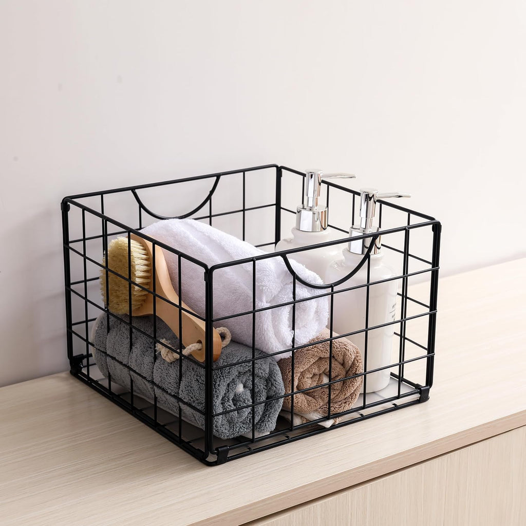 DINGTAI Metal Wire Basket Foldable Set of 4, Metal Bins for Organizing with PVC Sheet, 10.5x10.5in Wire Pantry Baskets Freezer Organizer Bins for Kitchen Closet Bathroom-Black
