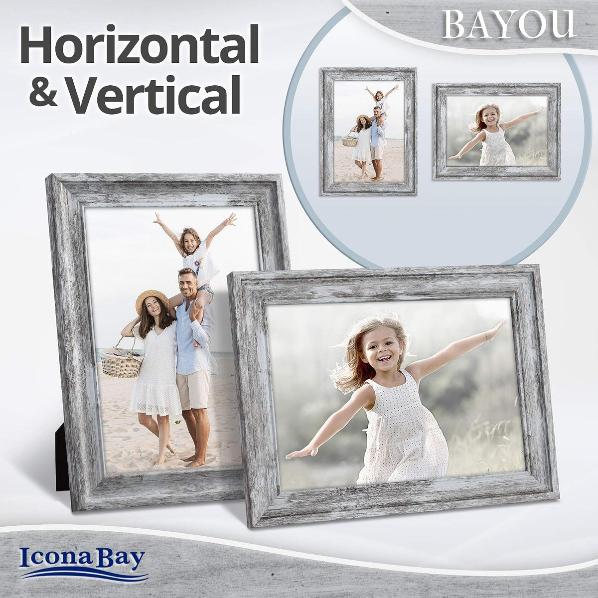 5x7 Azure Gray Picture Frames, Cape Cod Style, Table Top, Wall Mount, Bayou