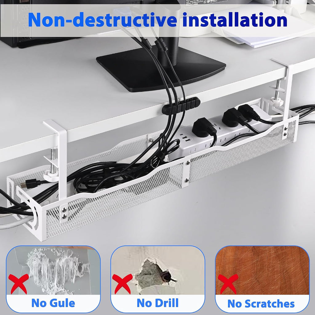 Under Desk Cable Management Box 25.3 Inch – Clamp-Mounted Cable Organizer Tray, Large Cord Management Box for Office & Home, Wire Organizer Under Desk Storage, White