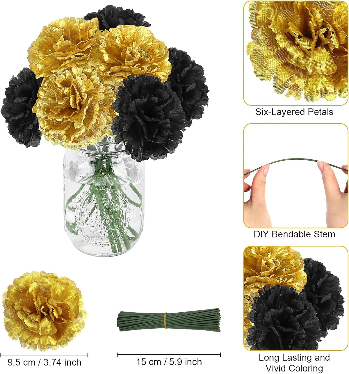 LELEE 108pcs Carnation Artificial Flowers Bulk, 3.5" Black Gold Carnations