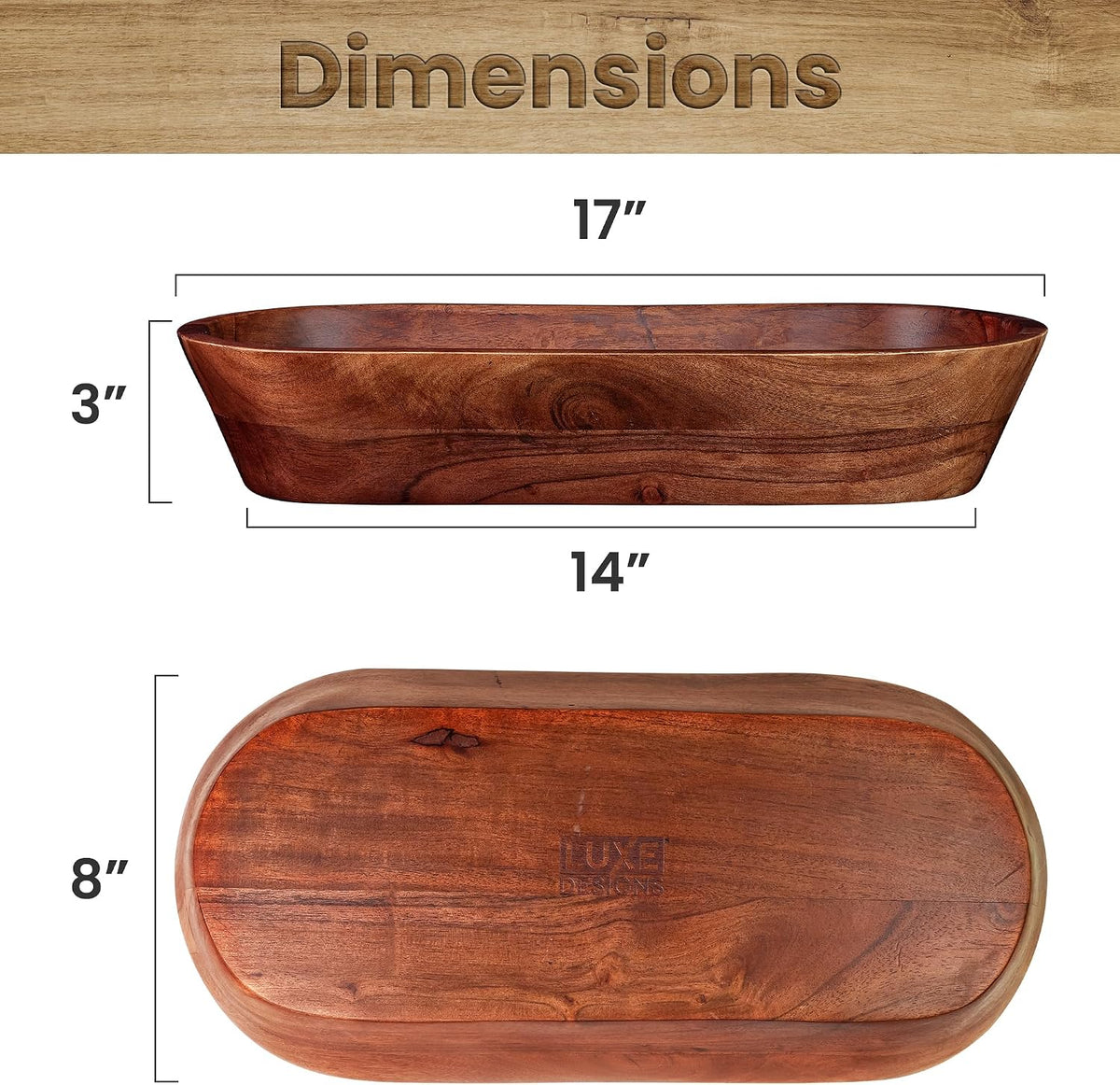 Luxe Designs Wooden Dough Bowl - Dark Burnt Acacia Wood - Handmade Decorative Bowls for Home Decor, Bathroom, Kitchen Counter, & More - Rustic Large Wood Dough Bowl for Decor, Cosmetics, and Keys