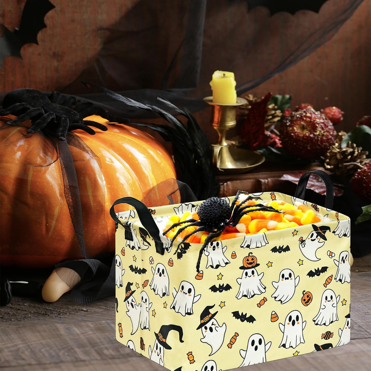Halloween Storage Basket, Yellow Ghost Pumpkin Cotton Linen Storage Bin with Leather Handles, Foldable Rectangle Organizer for Toys, Clothes, Gifts, Bedroom, Playroom, Nursery