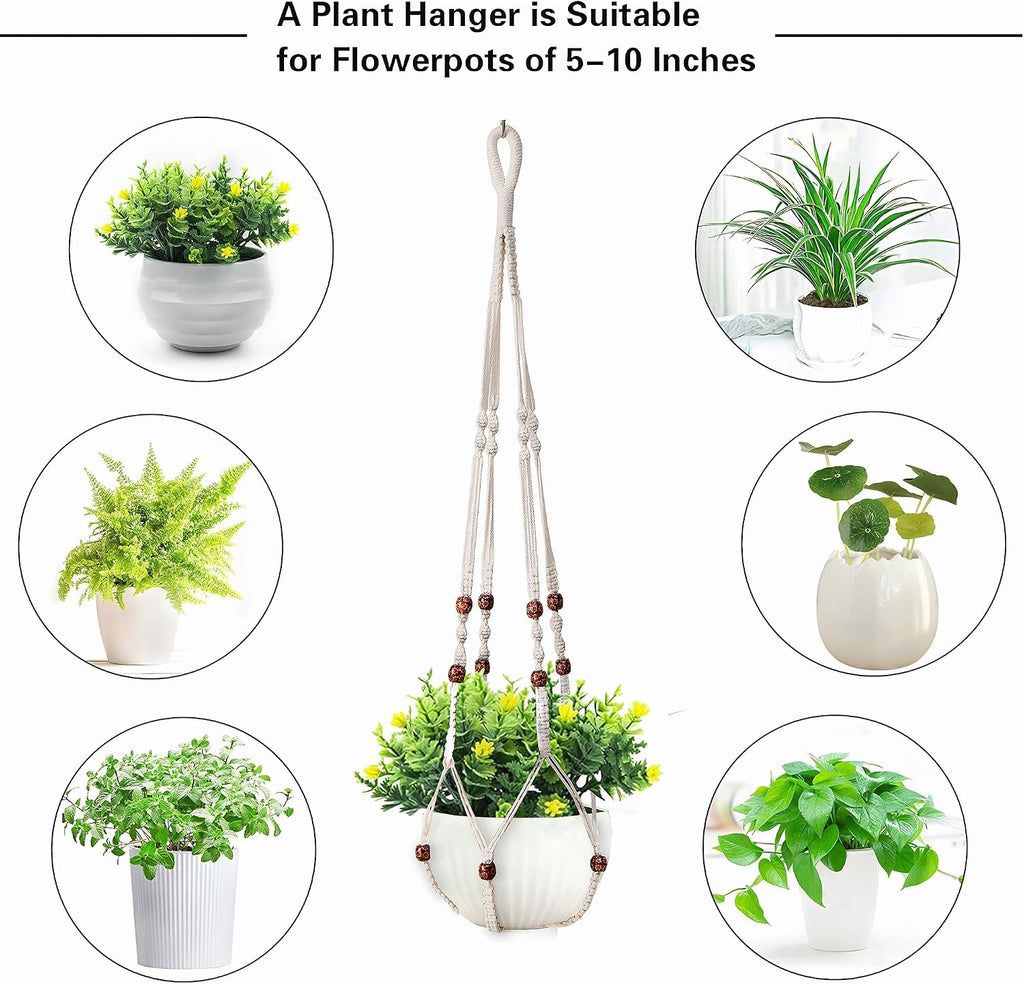 35 Inch Macrame Plant Hanger, Hanging Planter Basket with Wood Beads, Decorative Flower Pot Holder for Indoor Outdoor Boho Home Decor, Set of 2 (Ivory)