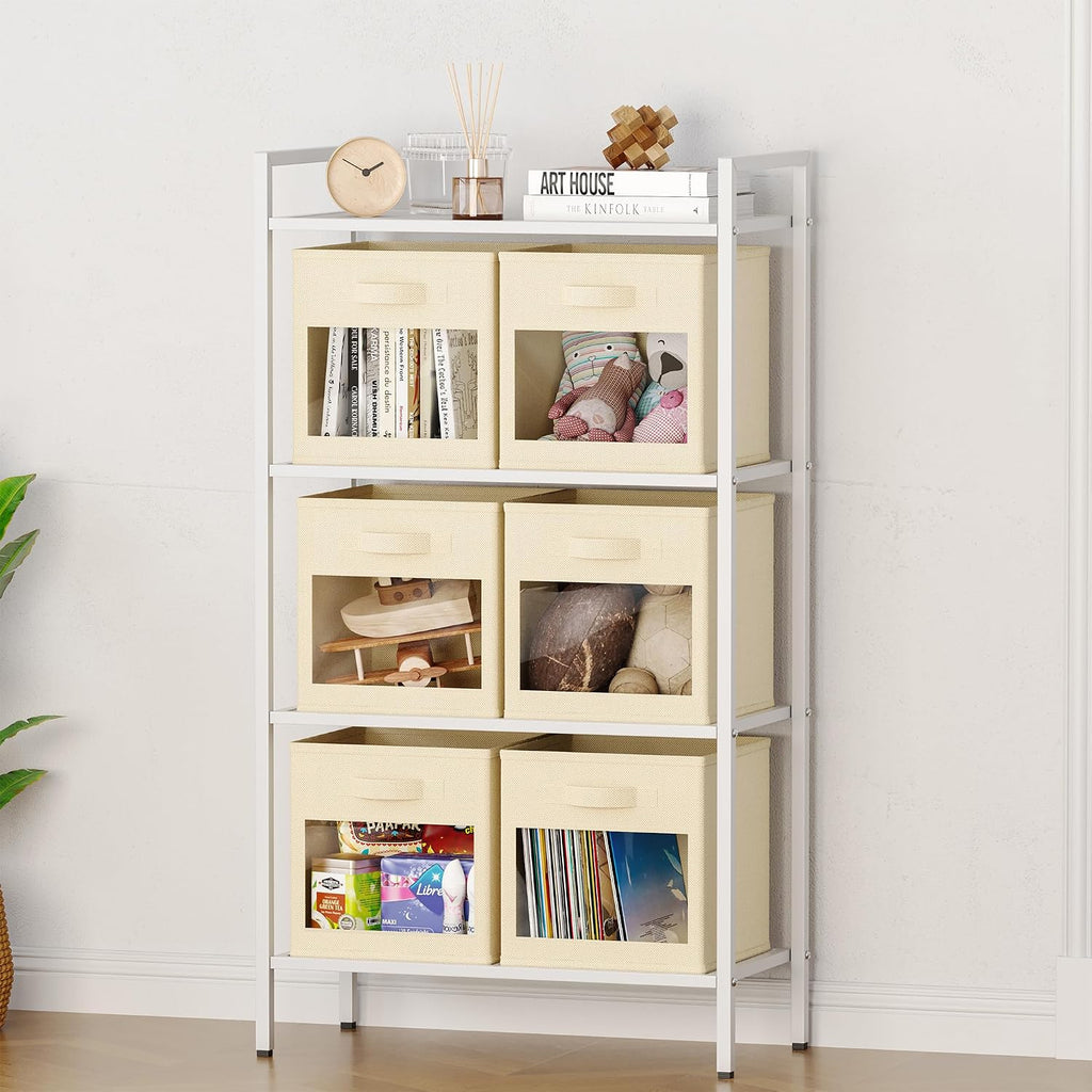 SpaceAid Storage Cubes with Clear Windows, Set of 6 Fabric Bins, 11 Inch Foldable Baskets Boxes for Closet, Cubby Shelf or Cube Storage Organizer, Beige