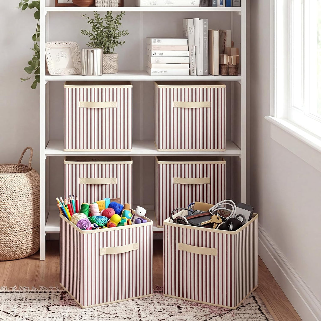 Amyhill 6 Pack Khaki Striped Basics Collapsible Fabric Storage Bins
