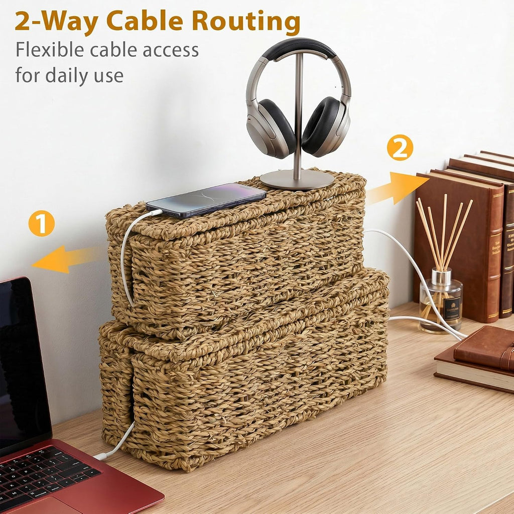 2 Pack Handwoven Cable Management Box with Lid, Decorative Cord Organizer for Power Strips, Chargers, TV Wires, Desk, Home & Office Storage, Natural Sea Grass