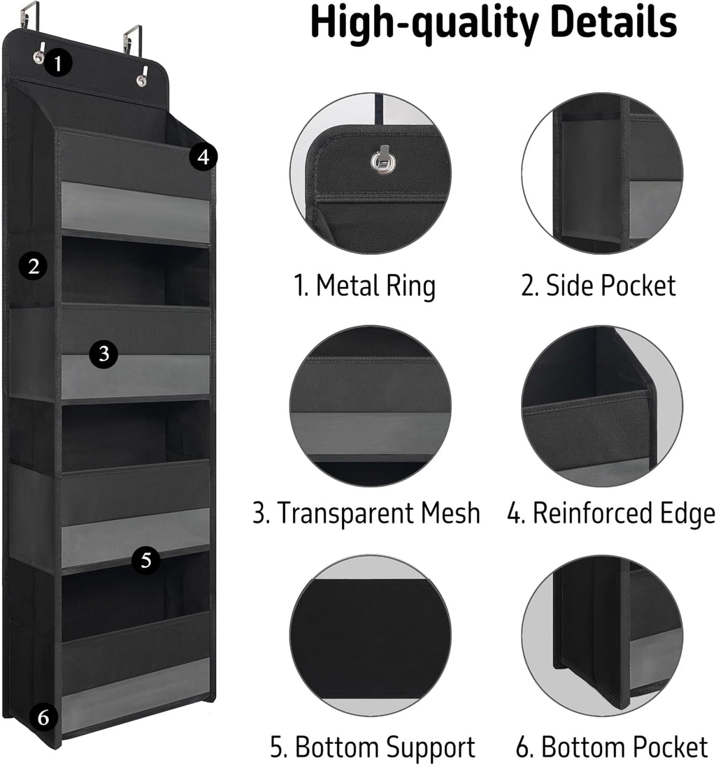 TYMENSH Over the Door Organizer for Bedroom Bathroom Pantry, 4 Shelf Black