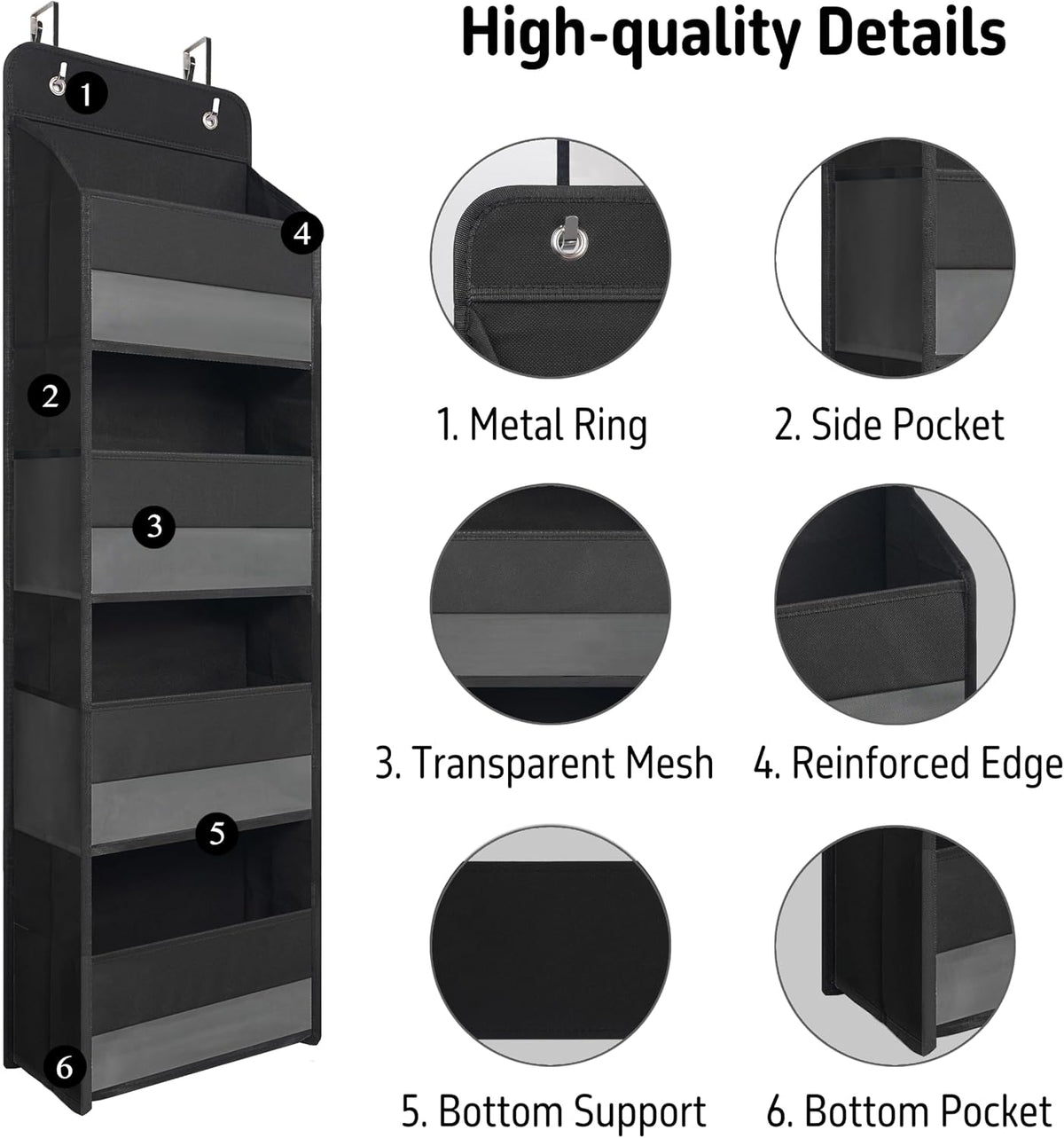 TYMENSH Over the Door Organizer for Bedroom Bathroom Pantry, 4 Shelf Black