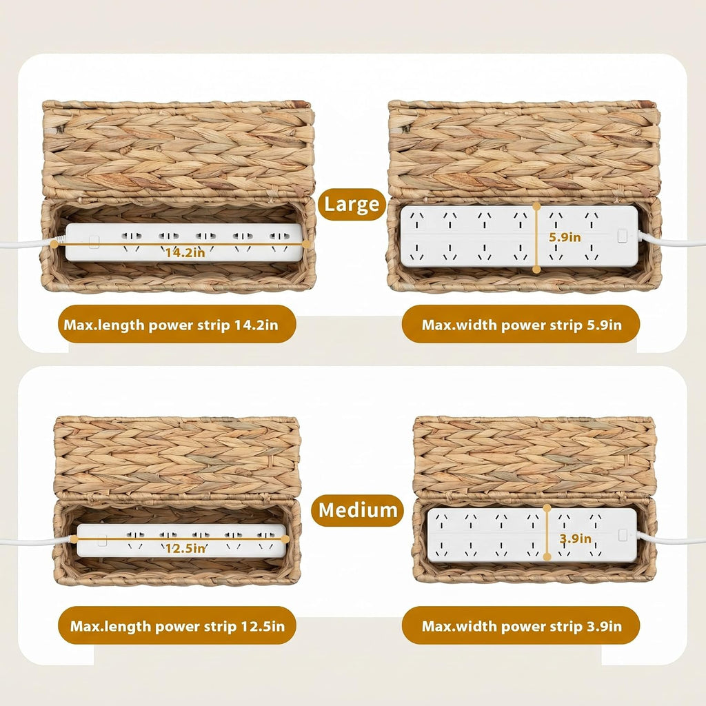 2 Pack Handwoven Cable Management Box with Lid, Decorative Cord Organizer for Power Strips, Chargers, TV Wires, Desk, Home & Office Storage, Natural Water Hyacinth