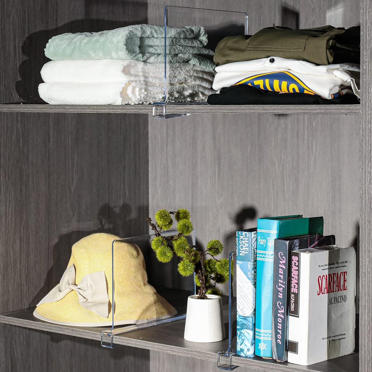 Sooyee Acrylic Shelf Dividers for Closet Organization,4 PCS Closet Shelf Organizer,Closet Dividers Purse Organizer for Closet,Closet Separator for Bedroom Kitchen Cabinets and Office Shelves,Clear