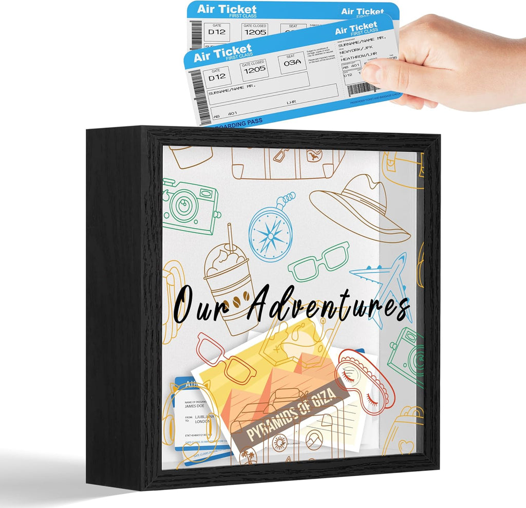 Adventure Fund Frames Box, Wooden Black Photo Frame Shadow Box Frame with Slot, Travel Money Box, Adventure Traveler Gifts, Storing Funds and Decorations, Adventure Gifts for Newlyweds Couple, 19