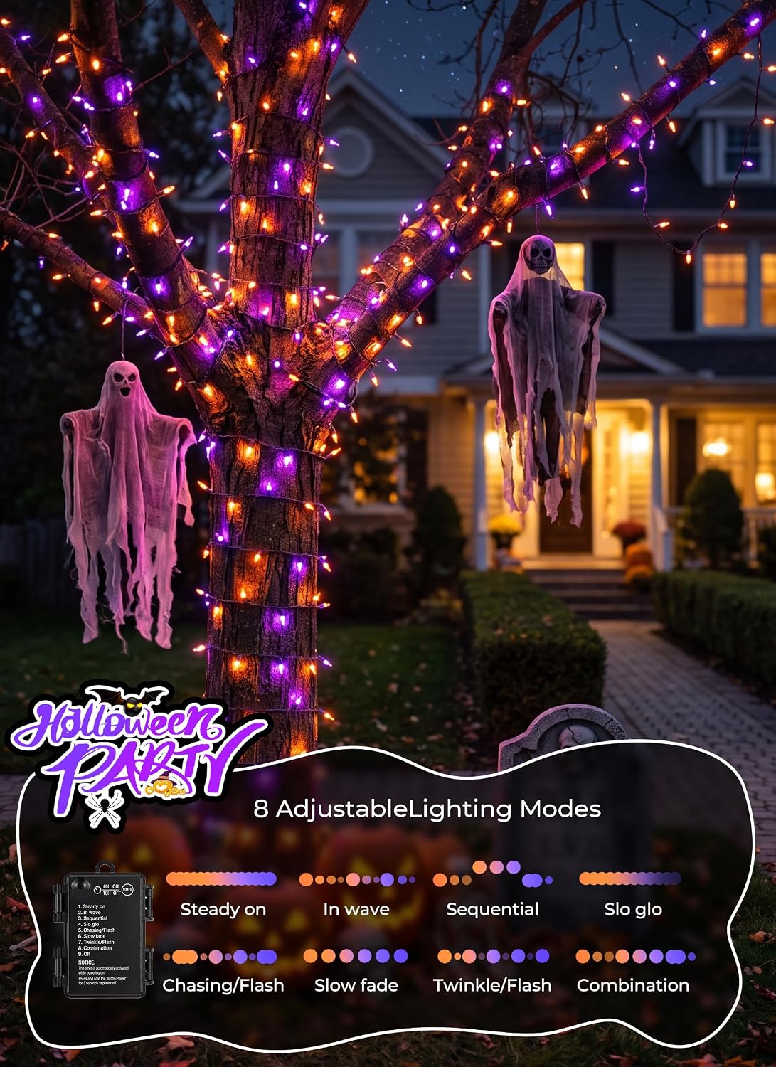 4 Pack 200LED 64FT Purple Orange Halloween String Lights, Battery Operated