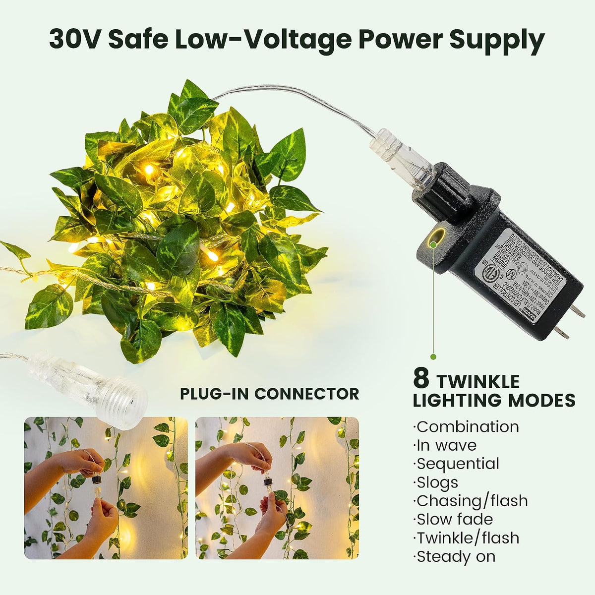 HEYFUNi Vines with Lights 23FT, Faux Pothos String Lights Plug in