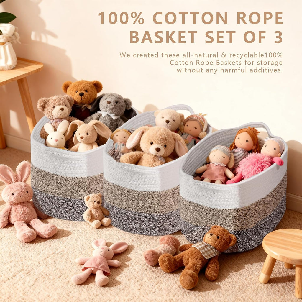 3PCS Grey Cotton Rope Woven Storage Basket, 15x10x8.7 Inches Shelf Organizer for Baby Gift Baskets, Toys, Laundry, Baby Blankets & Empty Gift Baskets