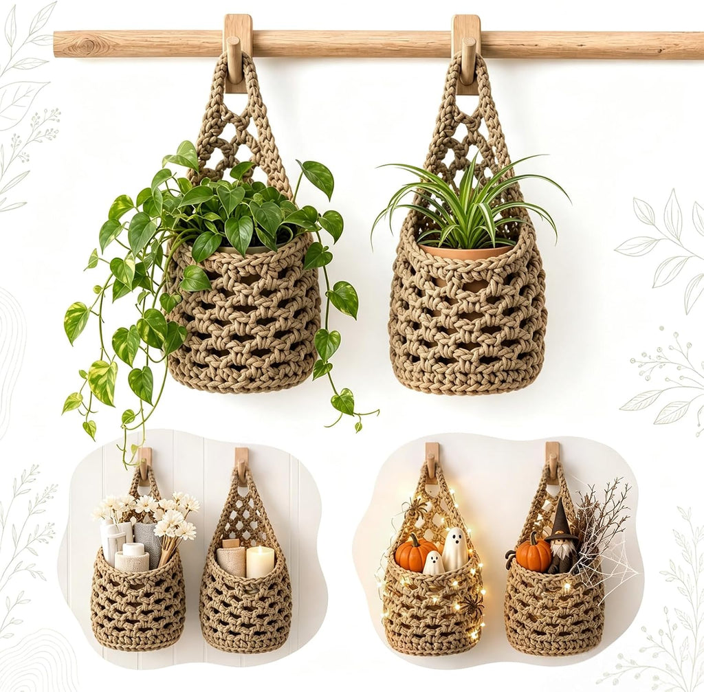 2 Pack 6-inch Hanging Planters, Macrame Wall Plant Hanger, Brown
