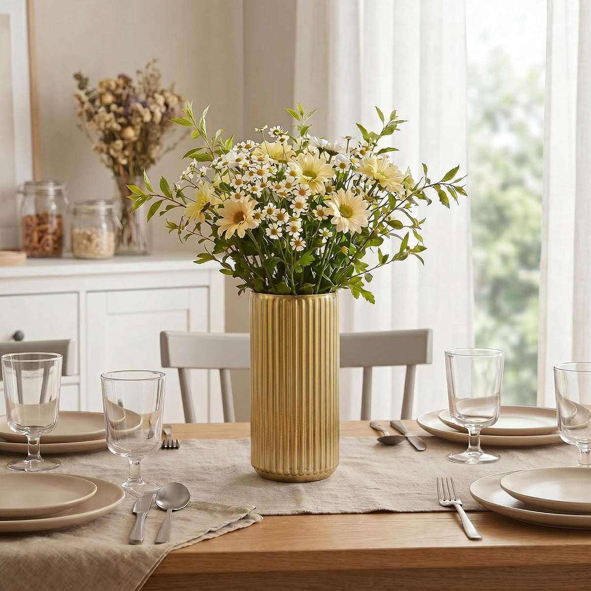 Ribbed Glass Vase,Flower Vase for Bouquet, Gold Glass Vases for Flowers, Modern Vases for Living Room, Bathroom, Dining Table, Office, Wedding, Centerpieces, 8 Inches