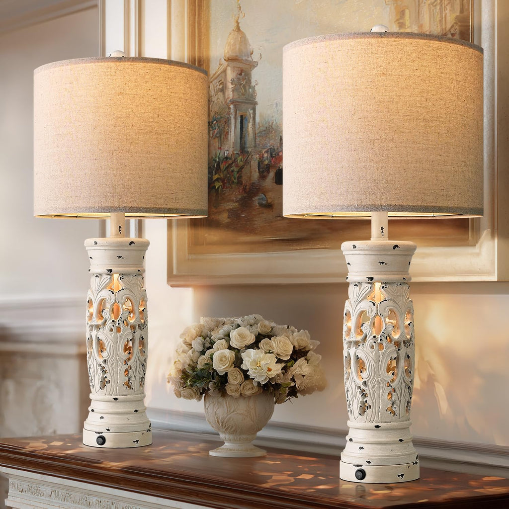 27.25" Farmhouse Lamp with Night Light, Rustic Table Lamps Set of 2, White