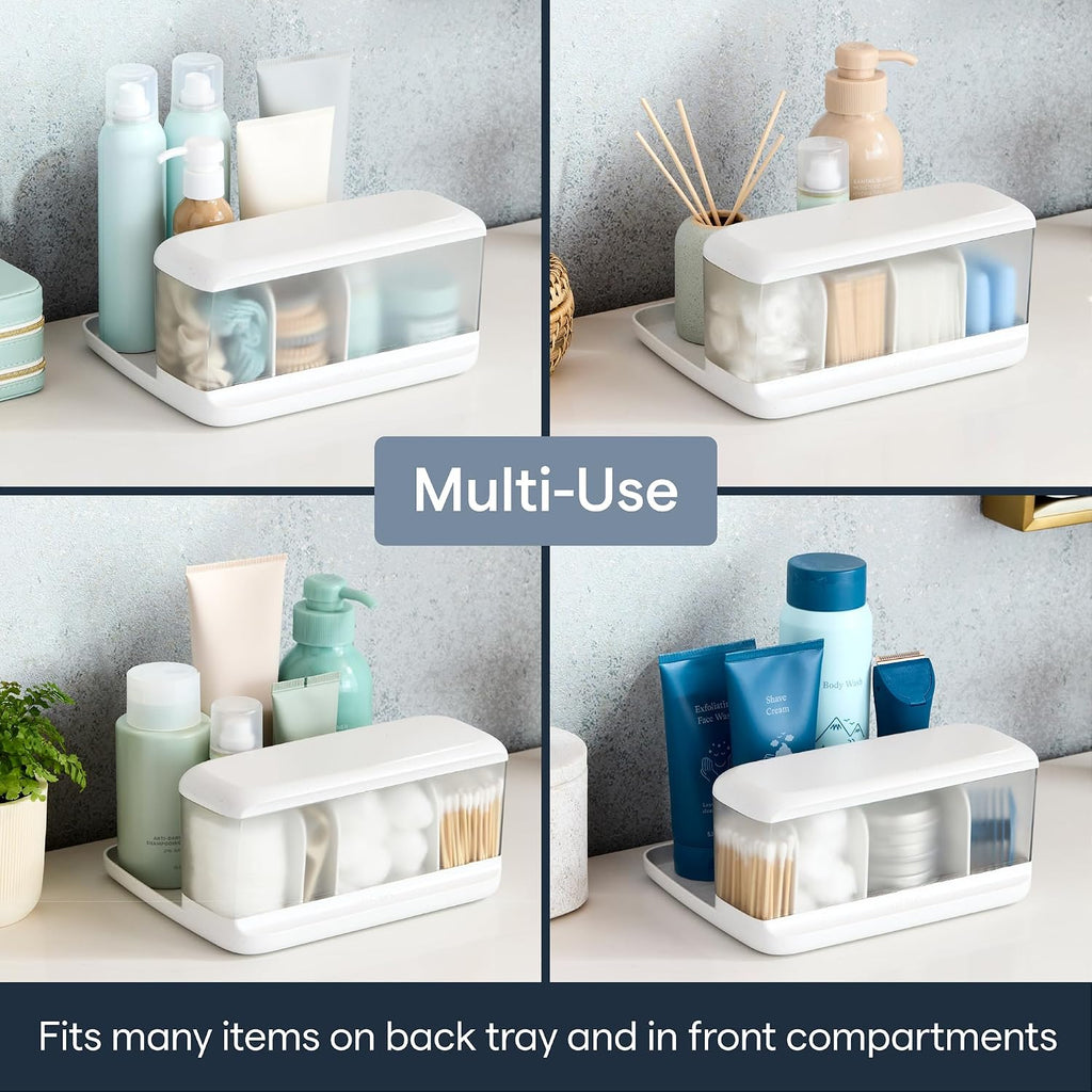 YouCopia HideAway Counter Caddy, Bathroom Vanity Countertop Organizer Tray with Adjustable Dividers and Lid